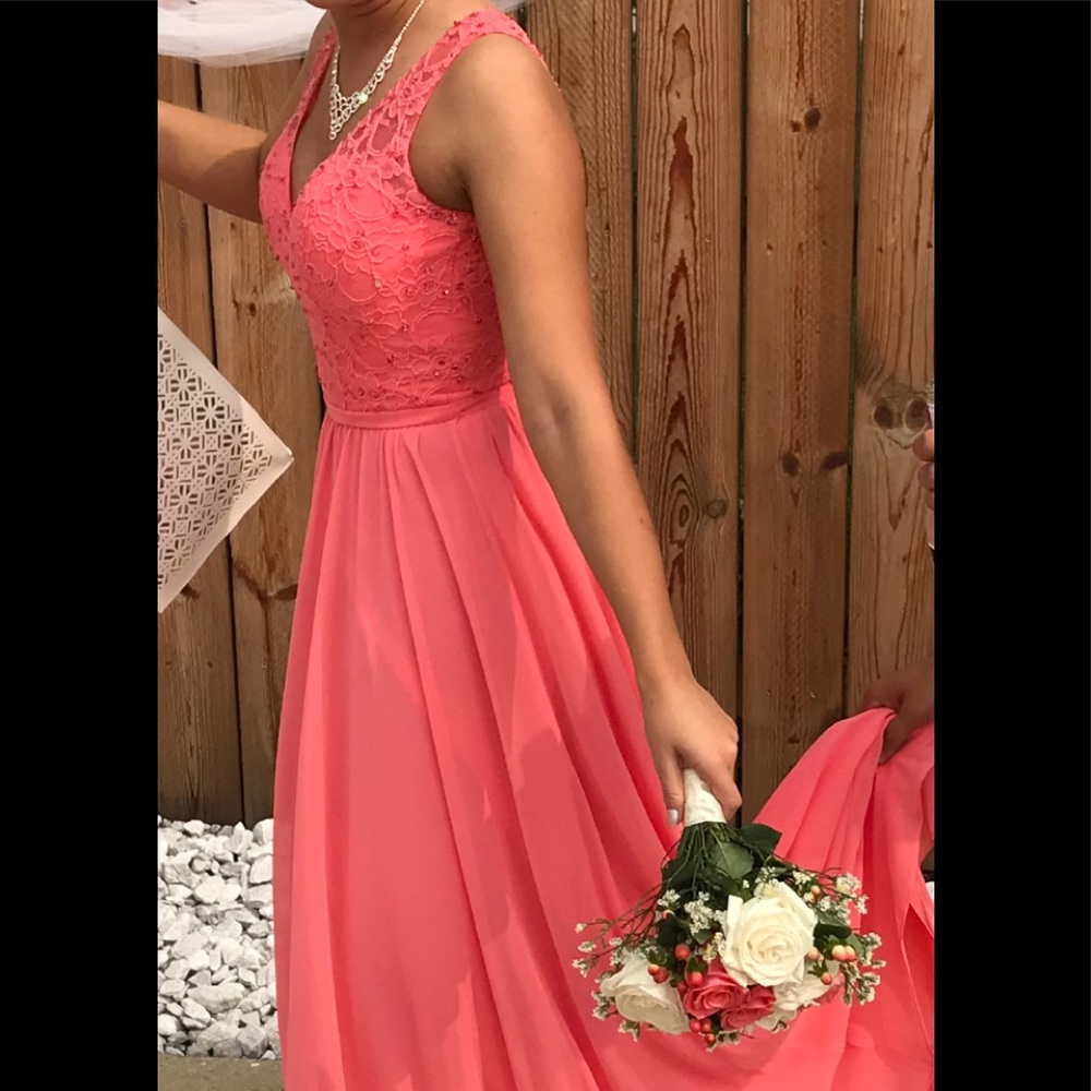 Mori Lee coral bridesmaid dress